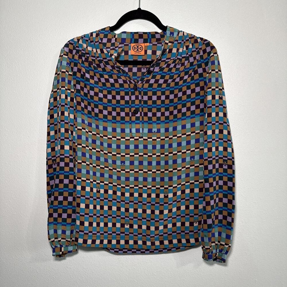 Tory‎ Burch Silk Henley Blouse purple/blue Logo Top Womens 4 Excellent